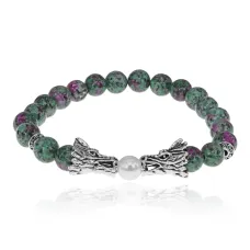 Браслет-амулет Драконы с синт. камнем Цоизит 8мм BSHE-08-22S