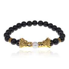 Браслет-амулет Драконы с нат.камнем Черный агат 8мм BSHE-08-23G