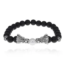 Браслет-амулет Драконы с синт. камнем Шунгит 8мм BSHE-08-24S