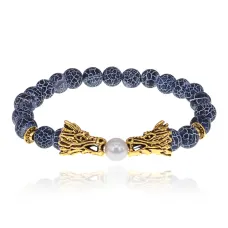 Браслет-амулет Драконы с нат.камнем синий Африканский агат 8мм BSHE-08-27G