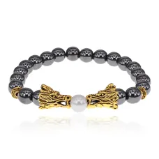 Браслет-амулет Драконы с синт. камнем Гематит (не магнит.) 8мм BSHE-08-28G