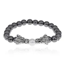 Браслет-амулет Драконы с синт. камнем Гематит (не магнит.) 8мм BSHE-08-28S
