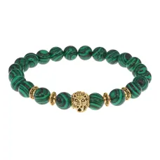 Браслет-амулет Лев с синт. камнем Малахит 8мм BSHE-09-12G