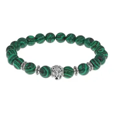 Браслет-амулет Лев с синт. камнем Малахит 8мм BSHE-09-12S