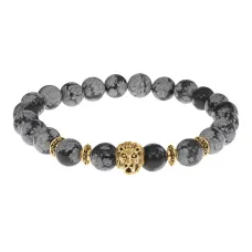 Браслет-амулет Лев с нат. камнем Снежный обсидиан 8мм BSHE-09-14G