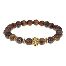 Браслет-амулет Лев с нат.камнем Тигровый глаз 8мм BSHE-09-19G