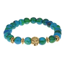 Браслет-амулет Лев с синт. камнем Хризоколла 8мм BSHE-09-21G