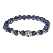 Браслет-амулет Лев с нат. камнем синий Африканский агат 8мм BSHE-09-27S