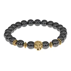 Браслет-амулет Лев с синт. камнем Гематит 8мм BSHE-09-28G