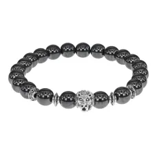 Браслет-амулет Лев с синт. камнем Гематит (не магнит.) 8мм BSHE-09-28S
