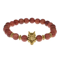 Браслет-амулет Волк с синт. камнем Коричневый авантюрин 8мм BSHE-10-01G