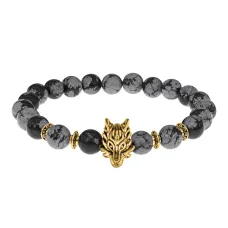 Браслет-амулет Волк с нат. камнем Снежный обсидиан 8мм BSHE-10-14G