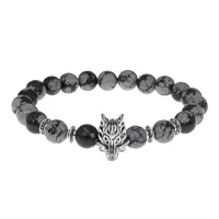 Браслет-амулет Волк с нат. камнем Снежный обсидиан 8мм BSHE-10-14S