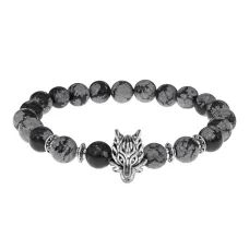 Браслет-амулет Волк с нат. камнем Снежный обсидиан 8мм BSHE-10-14S