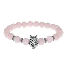 Браслет-амулет Волк с нат. камнем Розовый кварц 8мм BSHE-10-15S