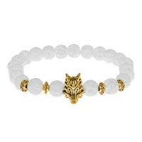 Браслет-амулет Волк с синт. камнем Сахарный кварц 8мм BSHE-10-16G