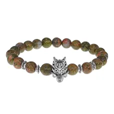 Браслет-амулет Волк с нат. камнем Унакит 8мм BSHE-10-20S