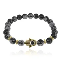 Браслет-амулет Хамса с нат. камнем Снежный обсидиан 8мм BSHE-G-14