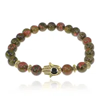 Браслет-амулет Хамса с нат. камнем Унакит 8мм BSHE-G-20