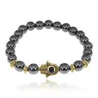 Браслет-амулет Хамса с синт. камнем Гематит (не магнит.) 8мм BSHE-G-28