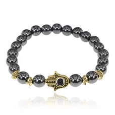 Браслет-амулет Хамса с синт. камнем Гематит (не магнит.) 8мм BSHE-G-28