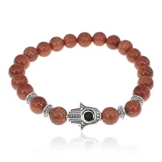 Браслет-амулет Хамса с синт. камнем Коричневый авантюрин 8мм BSHE-S-01