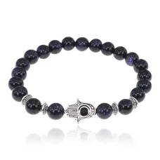 Браслет-амулет Хамса с синт. камнем Синий авантюрин 8мм BSHE-S-02