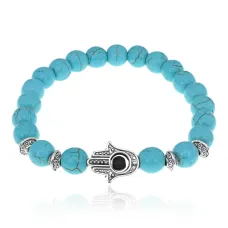 Браслет-амулет Хамса с синт. камнем Бирюза 8мм BSHE-S-05