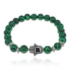 Браслет-амулет Хамса с синт. камнем Малахит 8мм BSHE-S-12