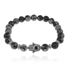 Браслет-амулет Хамса с нат. камнем Снежный обсидиан 8мм BSHE-S-14