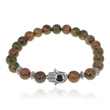 Браслет-амулет Хамса с нат. камнем Унакит 8мм BSHE-S-20