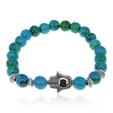 Браслет-амулет Хамса с синт. камнем Хризоколла 8мм BSHE-S-21
