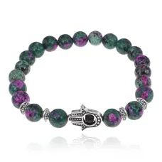 Браслет-амулет Хамса с синт. камнем Цоизит 8мм BSHE-S-22