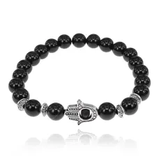 Браслет-амулет Хамса с нат. камнем Черный агат 8мм BSHE-S-23