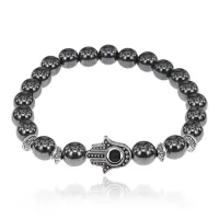 Браслет-амулет Хамса с синт. камнем Гематит (не магнит.) 8мм BSHE-S-28