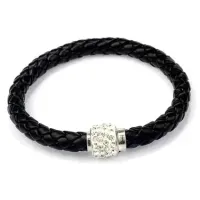 Кожаный браслет с магнитным замком со стразами черный BS001Bk