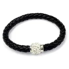 Кожаный браслет с магнитным замком со стразами черный BS001Bk