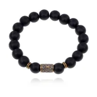 Браслет со славянской руной Рок и синт.камнем Шунгит 10мм BSRJ-13-24