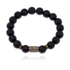 Браслет со славянской руной Рок и синт.камнем Шунгит 10мм BSRJ-13-24