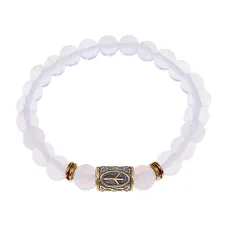 Браслет со славянской руной Чернобог и синт.камнем Лунный камень, 8мм BSRN-02-11