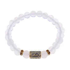 Браслет со славянской руной Нужда и синт.камнем Лунный камень, 8мм BSRN-05-11