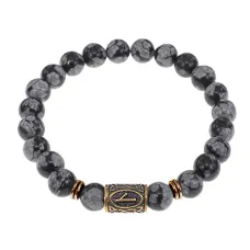 Браслет со славянской руной Нужда и нат.камнем Снежный обсидиан, 8мм BSRN-05-14