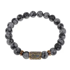 Браслет со славянской руной Сила и нат.камнем Снежный обсидиан, 8мм BSRN-08-14