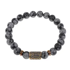 Браслет со славянской руной Ветер и нат.камнем Снежный обсидиан, 8мм BSRN-09-14
