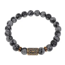 Браслет со славянской руной Рок и нат.камнем Снежный обсидиан, 8мм BSRN-13-14