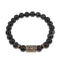 Браслет со славянской руной Рок и нат.камнем Черный агат, 8мм BSRN-13-23