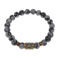 Браслет со славянской руной Даждьбог и нат.камнем Снежный обсидиан, 8мм BSRN-15-14