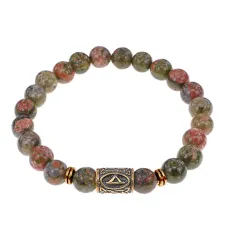 Браслет со славянской руной Даждьбог и нат.камнем Унакит, 8мм BSRN-15-20