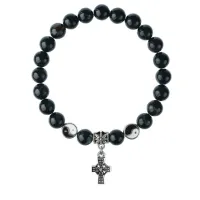 Браслет Крест (мудрость, гармония, процветание), Черный агат 8мм BSPE1-22-3004