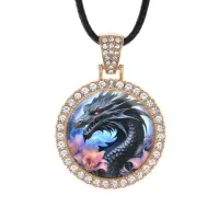 Кулон со стразами Дракон и розовые цветы, цвет светлое золото ALKS0250